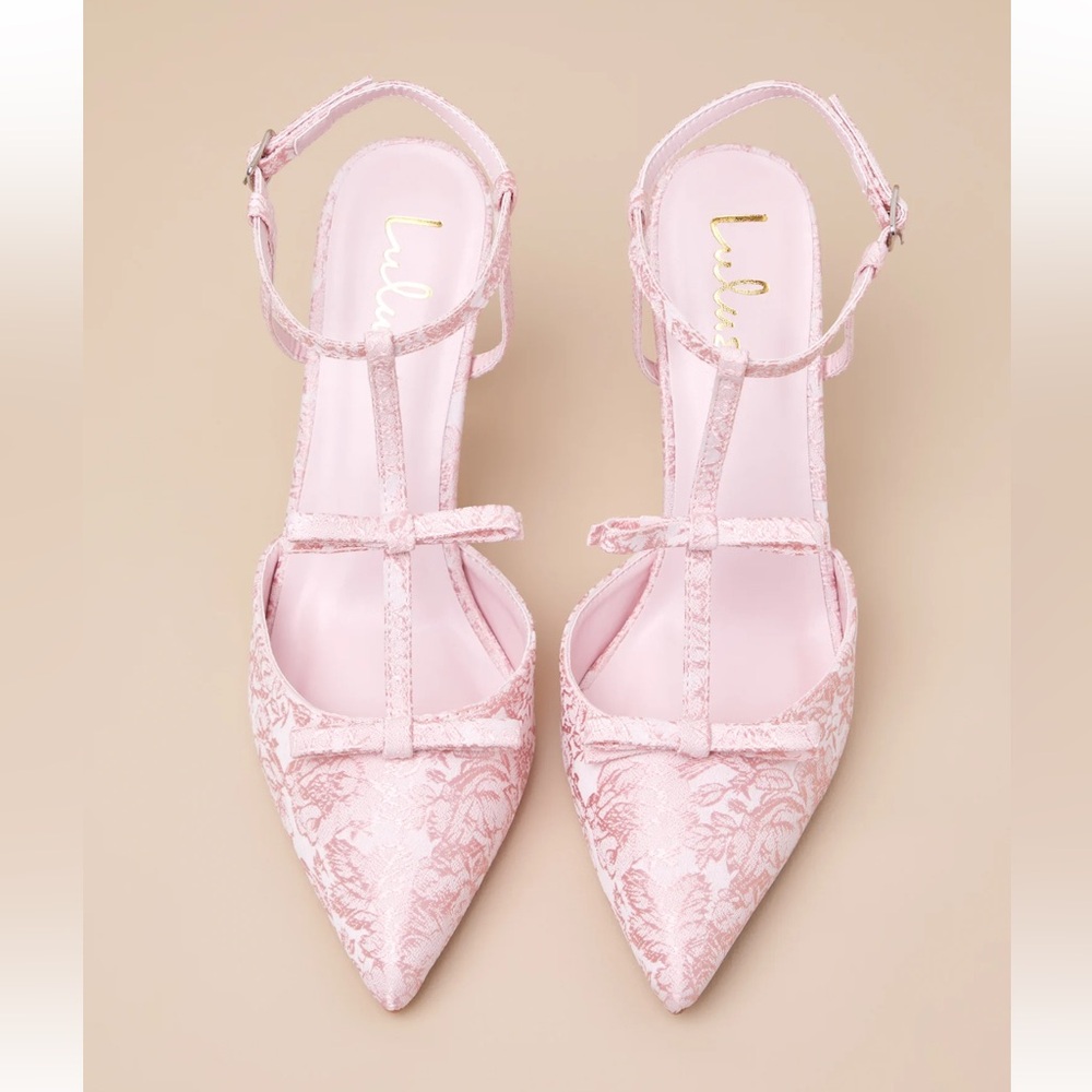 Kirbie Baby Pink Satin T-Strap Bow Pumps